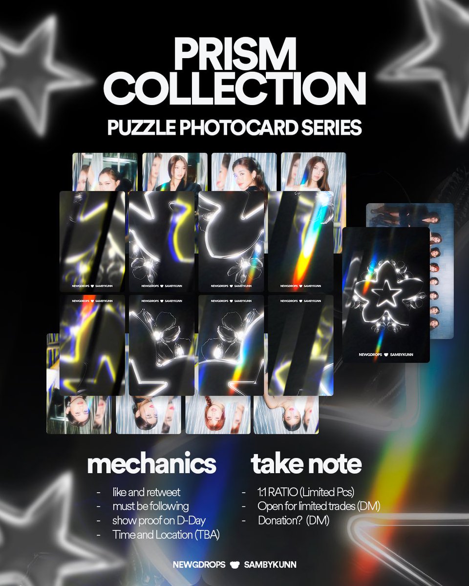 newGdrops's tweet image. BINIverse: The World Tour fan support by @newGdrops &amp;amp; @sambykunn 

BINI Prism Collection Holographic Puzzle Photocards

⤷ like and rt
⤷ follow
⤷ show proof on the day
⤷ time &amp;amp; loc tba

♡strictly 1:1 (limited qty)
♡open for limited trades (DM)
♡donors? Go! Send a DM for…