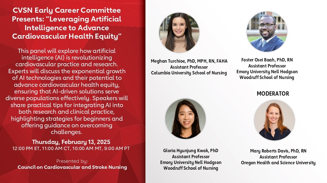 🚨 Join us for an exciting webinar: Leveraging Artificial Intelligence to Advance Cardiovascular Health Equity 
🗓️ Date: February 13, 2025
⏰ Time: 12 PM ET
📢 Hosted by the CVSN Early Career Committee
Don't miss out—register now! 👉 t.ly/livyq 
#AI  #HealthEquity