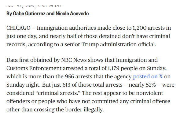 I missed this, but <a href="/NBCNews/">NBC News</a> got confirmation that just 52% of the people ICE arrested so far have any criminal history at all. By comparison, last year 72% of ICE arrests were of a person with a criminal record.

Explains why <a href="/PressSec/">Karoline Leavitt</a> was so evasive today when asked about this.