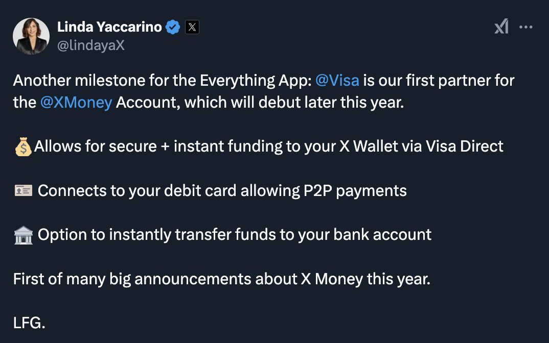 Great news for creators: the <a href="/XMoney/">X Money</a> Account, enabled by <a href="/Visa/">Visa</a>, will debut later this year.

Visa wants to be everywhere money moves. By powering X Money through Visa Direct, we’re building on our recent move to recognize digital creators as small businesses, because we know they