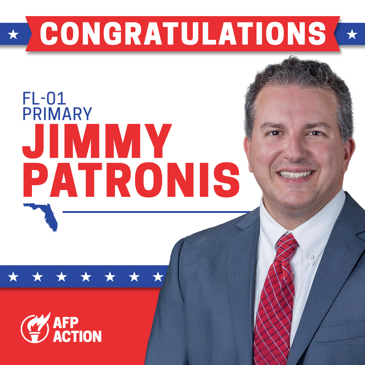 AFP Action congratulates <a href="/JimmyPatronis/">Jimmy Patronis</a> on his successful primary win in FL-01!

Jimmy will fight for all North Florida families in Congress. He is committed to shaking up Washington, ending wasteful spending, and closing our border!