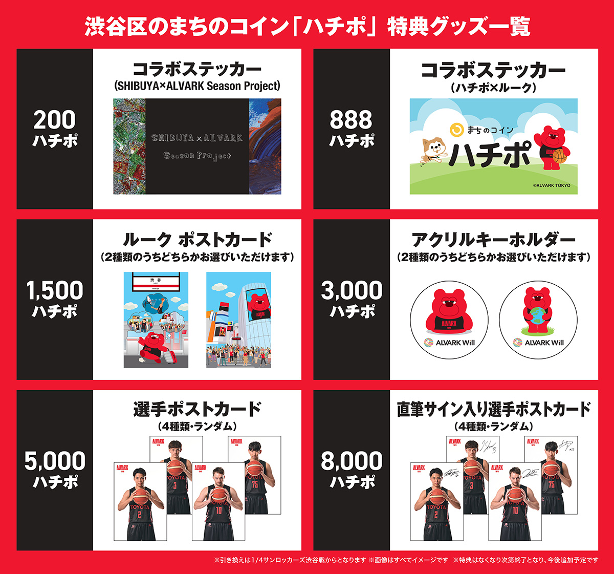 まちのコイン「ハチポ」特典追加！ ━━━━━━━━━━━━ 渋谷区が運営する、地域のお店・団体・人をつなげるコミュニティコイン「ハチポ」の特典を追加！  5000ハチポからもらえるポストカードの写真は、試合情報ページのキービジュアルと同じポーズ🏀のものを採用 ...