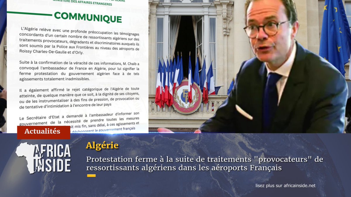 Africainside_dz's tweet photo. Algérie : Protestation ferme à la suite de traitements "provocateurs" de ressortissants algériens dans les aéroports Français
Les détails : https://t.co/oXDvcsAwIH
_______
#Afrique #africainside #algérie #france #ahmed_attaf #Macron #paris #PROVOCATEURS #sofiane_chaib https://t.co/deq37BXSTj
