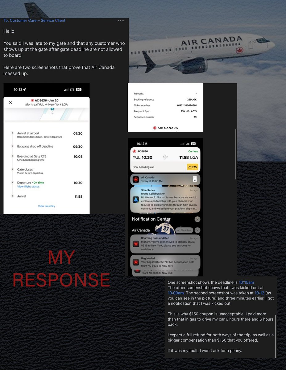 hishco's tweet photo. Air Canada kicked me off my flight while my bags stayed on board. Their excuse? ‘You were late.’ My proof? I was there BEFORE the deadline. Their ‘compensation’? A $150 coupon for a 6-hour drive, cracked suitcases, and a ruined event. This is robbery. Hold airlines accountable. Retweet if you’d fight this! #AirCanadaFail #DoBetter #TravelDisaster #PassengerRights #BoycottAirCanada

🚨 @AirCanada @CTA_gc @Transport_gc @flightradar24 @CBCNews @CTVNews @globalnews @TheTorontoSun @consumeraction @Trustpilot 🚨