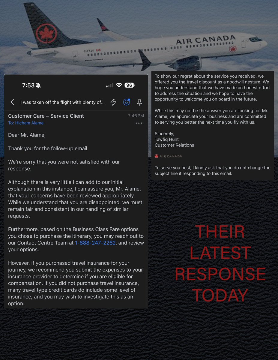 hishco's tweet photo. Air Canada kicked me off my flight while my bags stayed on board. Their excuse? ‘You were late.’ My proof? I was there BEFORE the deadline. Their ‘compensation’? A $150 coupon for a 6-hour drive, cracked suitcases, and a ruined event. This is robbery. Hold airlines accountable. Retweet if you’d fight this! #AirCanadaFail #DoBetter #TravelDisaster #PassengerRights #BoycottAirCanada

🚨 @AirCanada @CTA_gc @Transport_gc @flightradar24 @CBCNews @CTVNews @globalnews @TheTorontoSun @consumeraction @Trustpilot 🚨