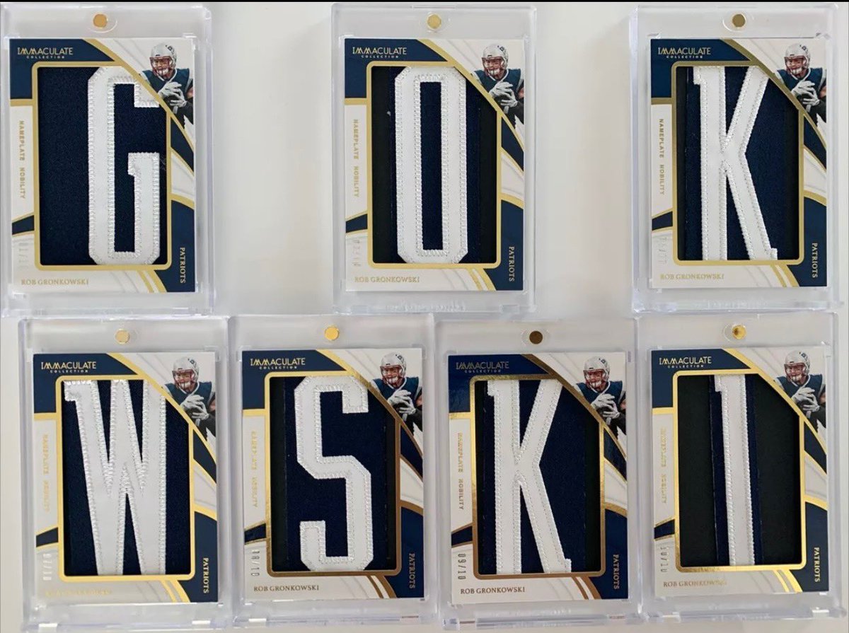 ISO!!! A very good Buddy of mine is looking to complete this set. If you have one of the three missing letters and are interested in selling, please respond. Thank you.

Retweets appreciated!!!

2019 Immaculate Nameplate Nobility Rob Gronkowski