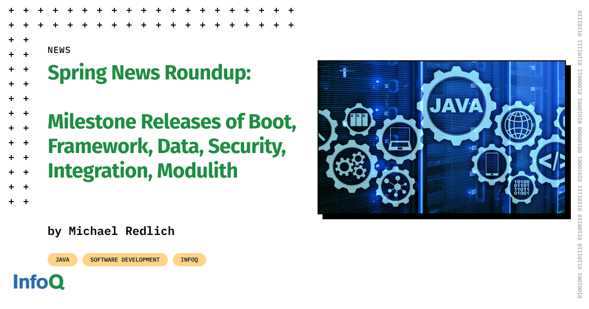 InfoQ's tweet image. Dive into the latest releases from Spring 👉 bit.ly/4aA2j5H

Milestone releases of: Spring Boot, Spring Framework, Spring Data, Spring Security, Spring Integration and Spring Modulith.

#Java #SpringBoot #SpringFramework #SpringSecurity #SpringAI #SpringModulith