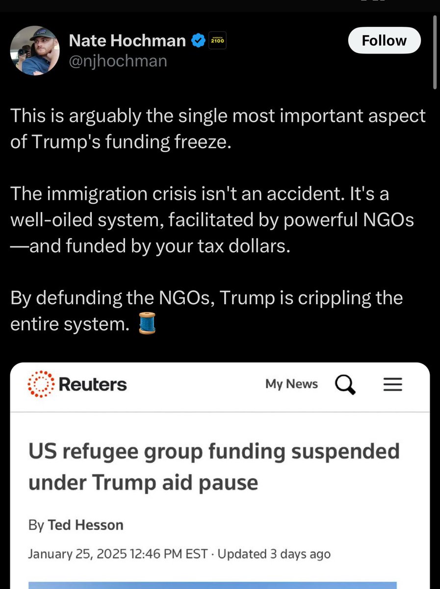 This guy has me blocked but to be clear, he is a bald-faced liar. The US refugee admissions program has literally nothing to do with the border. He’s lying through his teeth. 

People who arrive on the program enter the country legally, as they have since Reagan.