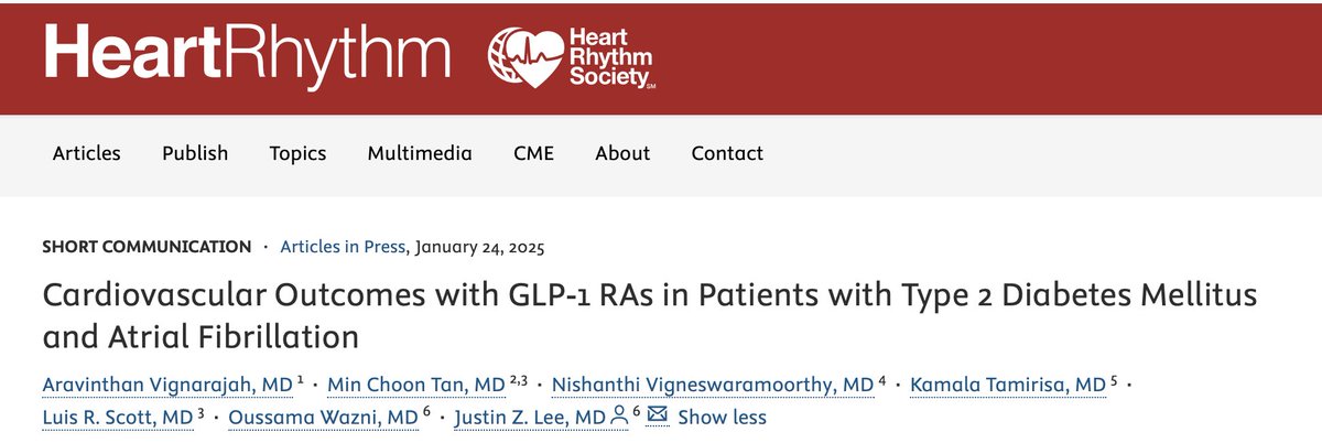 Aravinthan Vignarajah (@aravinth01) on Twitter photo Excited to share our latest publication in <a href="/hrs_journal/">HeartRhythm</a>!
Our paper examines the cardiovascular outcomes of GLP-1 RAs in patients with type 2 diabetes mellitus and atrial fibrillation.
📄doi.org/10.1016/j.hrth…
#Cardiology #Diabetes #AtrialFibrillation #GLP1RA Excited to share our latest publication in <a href="/hrs_journal/">HeartRhythm</a>!
Our paper examines the cardiovascular outcomes of GLP-1 RAs in patients with type 2 diabetes mellitus and atrial fibrillation.
📄doi.org/10.1016/j.hrth…
#Cardiology #Diabetes #AtrialFibrillation #GLP1RA