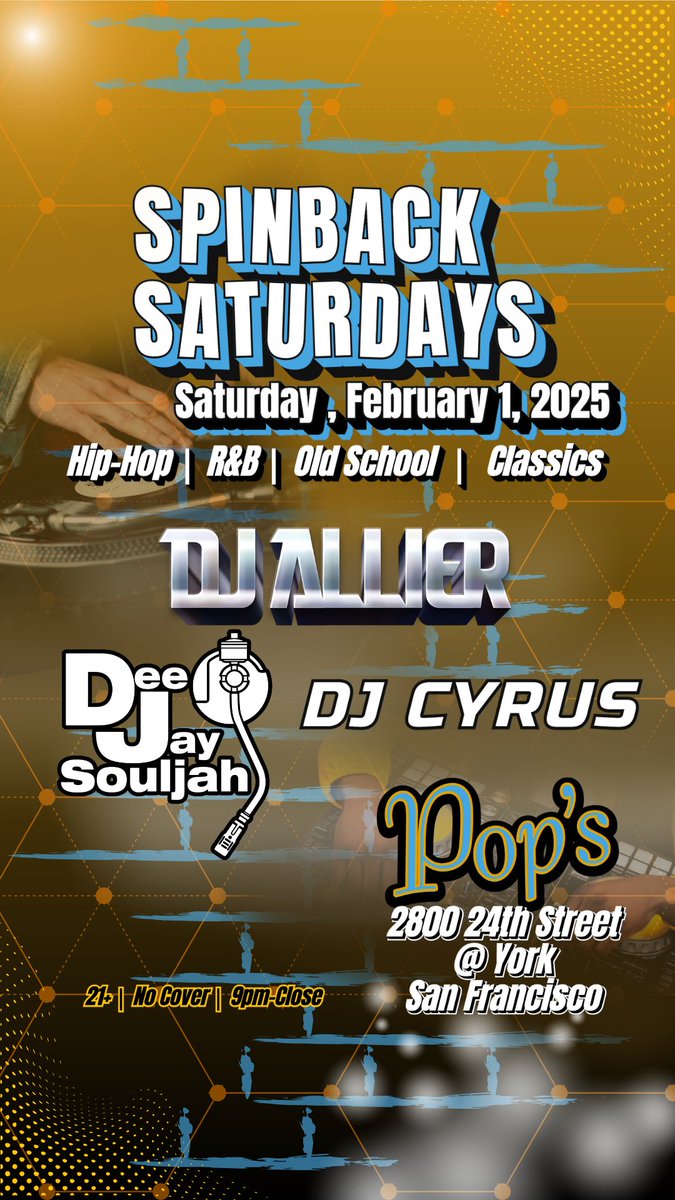 Back at <a href="/PopsBar/">Pops Bar</a> this Saturday, Feb 1, 2025. We start at 9pm. @djsouljahsf and DJ Cyrus in support, <a href="/djallier/">DJ Allier</a> jumping on later on. We'll be playing Old School as well as (possibly) some current jams. Comment your favorite old school song.