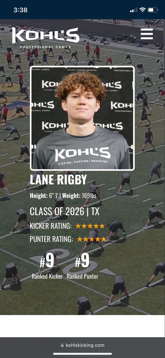 LaneRigby_07's tweet image. I'm excited to announce that I’m officially a 5⭐️ kicker and 5⭐️ punter! I’m ranked #1 in TX and #9 in the nation as a kicker, and also #1 in TX and #9 nationally as a punter.
@KohlsKicking @KohlsHighlights @Coach_Radke