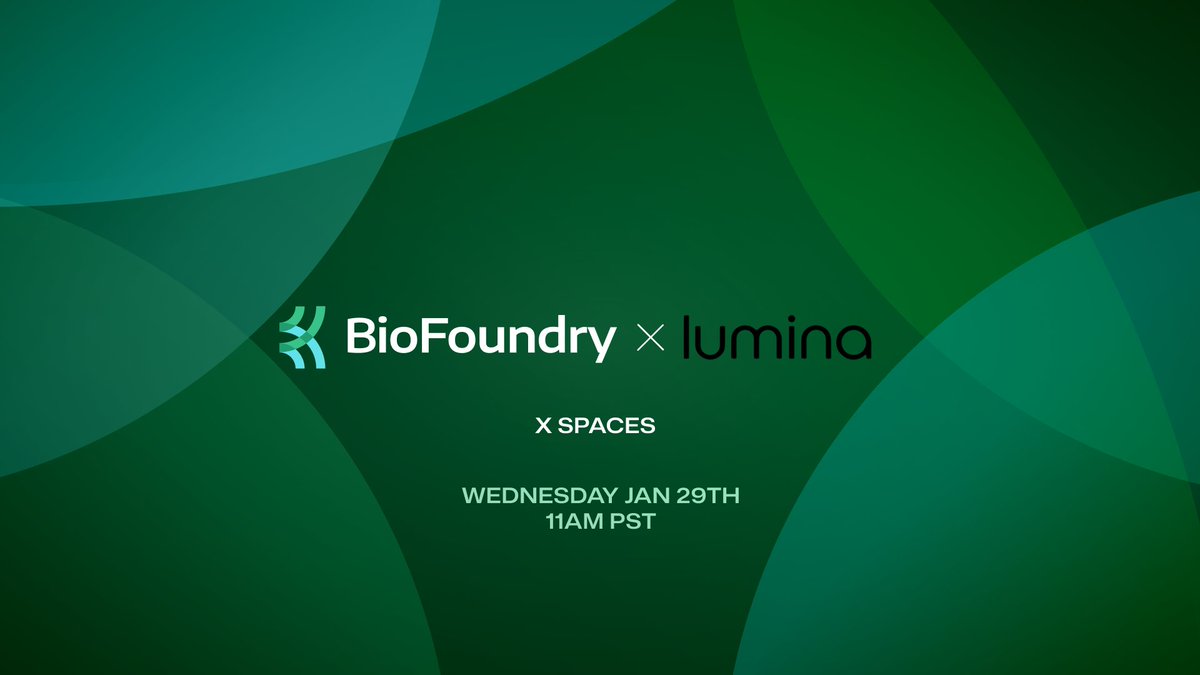 BioFoundry (@biofoundry_xyz) on Twitter photo Join us tomorrow for a special Spaces with Lumina, a novel oral probiotic building on DeSci rails.
When: Wednesday, Jan 19th @ 11am PST
Hosts: BioFoundry x <a href="/LuminaProbiotic/">LuminaProbiotic</a>
Joined by: <a href="/erinmagennis/">Ξrin Magennis🌻</a> and <a href="/cryodao/">CryoDAO</a>
🎙️ x.com/i/spaces/1ynJO… Join us tomorrow for a special Spaces with Lumina, a novel oral probiotic building on DeSci rails.
When: Wednesday, Jan 19th @ 11am PST
Hosts: BioFoundry x <a href="/LuminaProbiotic/">LuminaProbiotic</a>
Joined by: <a href="/erinmagennis/">Ξrin Magennis🌻</a> and <a href="/cryodao/">CryoDAO</a>
🎙️ x.com/i/spaces/1ynJO…