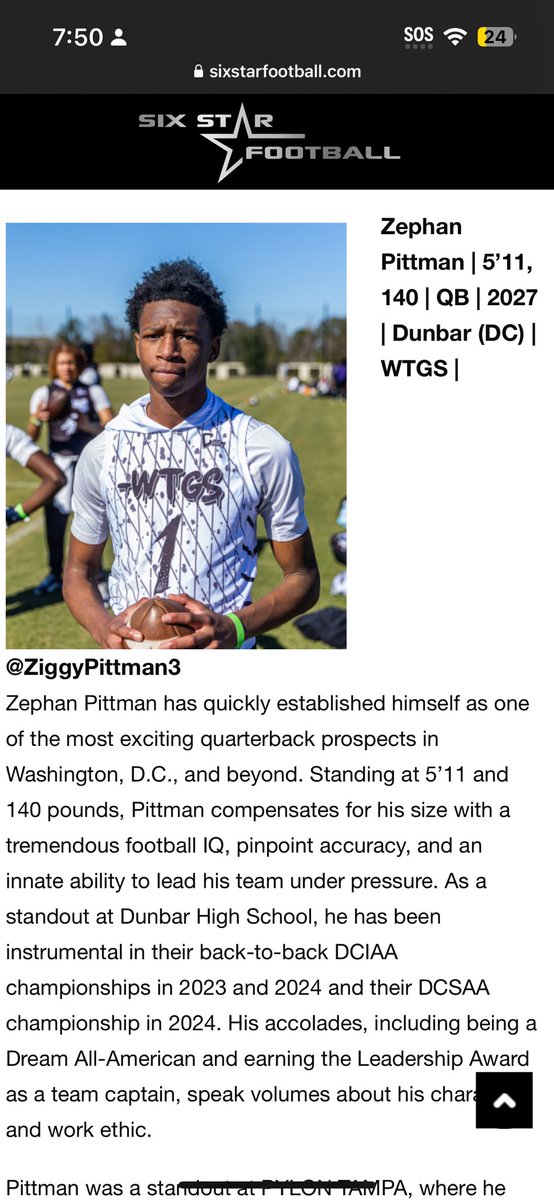 ZiggyPittman3's tweet photo. Thank you @sixstarfootball for this feature from @Pylon7on7 Tampa @wtgssports @DunbarDCSports @Elite11 @dreamallamerica https://t.co/wHvr5BmLFA