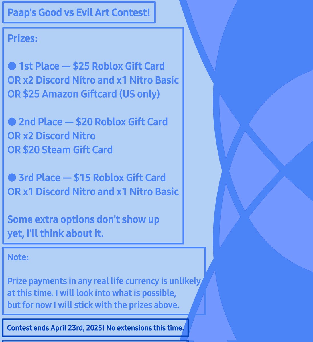 sunpaap's tweet photo. 🌟 Paap's Good vs Evil Contest!

Read details in the images below, and if you have any questions please ask!

Use #PaapGoodVsEvilContest 
Contest ends April 23rd! https://t.co/MX1Q6DZlg4