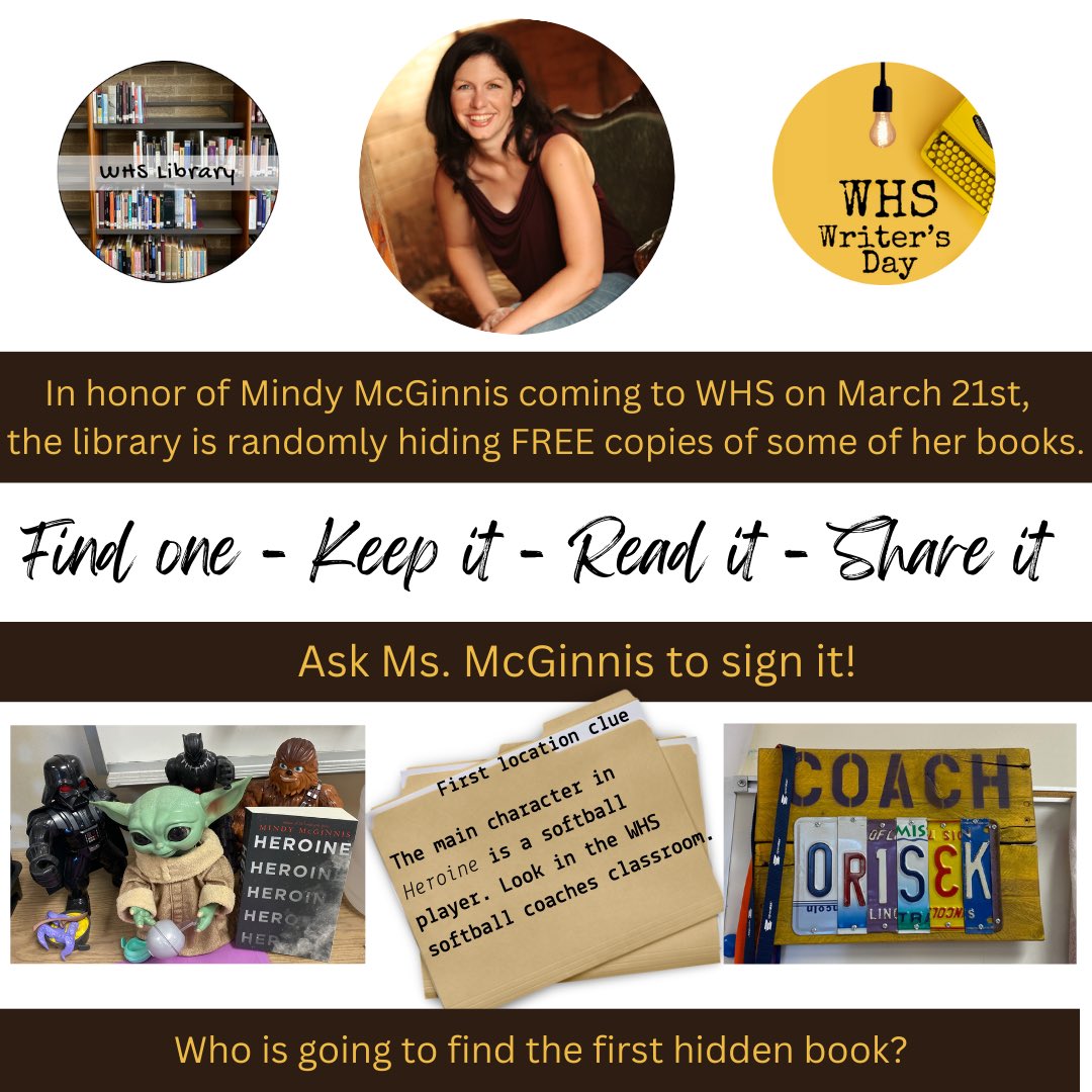 Because we are excited that <a href="/MindyMcGinnis/">Mindy McGinnis</a> is coming on March 21, we are periodically hiding free copies of her books at WHS for readers to find. The clue to the hidden location on Wednesday (1/29/25) starting at 6:50 am, is in the image.
