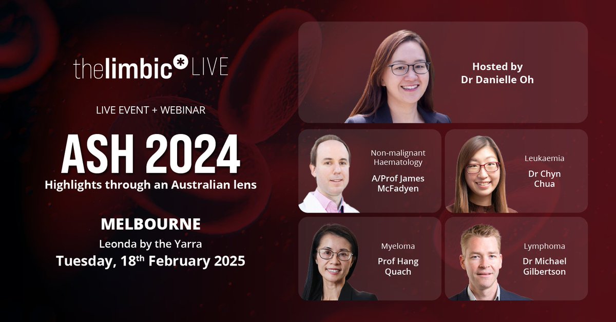 the limbic (@thelimbichaem) on Twitter photo REGISTER: thelimbic.com/haematology/as…
Gain expert insights on the transformational clinical data presented at ASH 2024. Join us in Melbourne or online & learn how these updates can impact your practice.
_____________________________
<a href="/HangQuach1/">Hang Quach</a> <a href="/MiGilbertson/">Michael Gilbertson</a> REGISTER: thelimbic.com/haematology/as…
Gain expert insights on the transformational clinical data presented at ASH 2024. Join us in Melbourne or online & learn how these updates can impact your practice.
_____________________________
<a href="/HangQuach1/">Hang Quach</a> <a href="/MiGilbertson/">Michael Gilbertson</a>