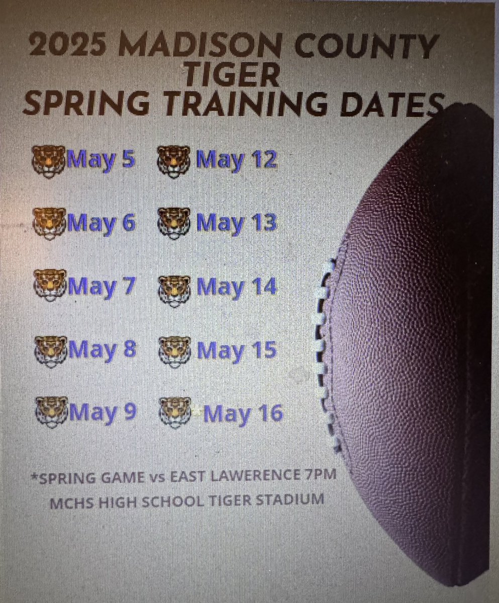 Chris Hancock (@coachhancock40) on Twitter photo <a href="/CoachKerryon/">Kerryon Johnson</a> <a href="/JaxStateFB/">Jax State Football</a> <a href="/TroyTrojansFB/">Troy Trojans Football 8x⚔️</a> <a href="/MT_FB/">Middle Tennessee Football</a> <a href="/VandyFootball/">Vanderbilt Football</a>
Madison County High Tiger Spring Training dates <a href="/CoachKerryon/">Kerryon Johnson</a> <a href="/JaxStateFB/">Jax State Football</a> <a href="/TroyTrojansFB/">Troy Trojans Football 8x⚔️</a> <a href="/MT_FB/">Middle Tennessee Football</a> <a href="/VandyFootball/">Vanderbilt Football</a>
Madison County High Tiger Spring Training dates