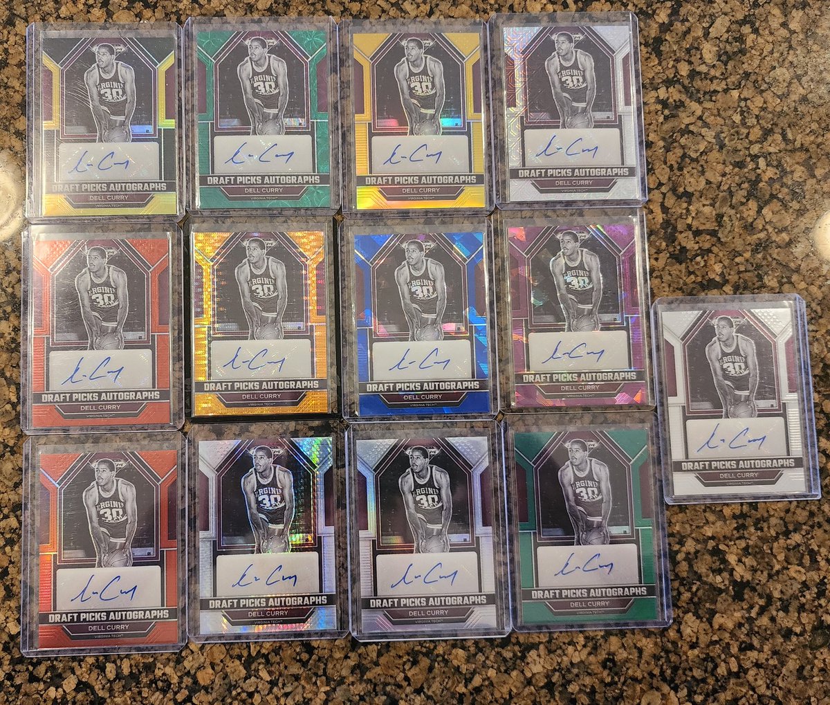 rhockett1's tweet photo. @CardPurchaser Dell Curry from 23/24 Prizm Draft Picks. Still just need the 1 of 1's on the auto. For the non autos I added the Red Shimmer and Green Pulsar after I took this picture, need the Green Shimmer /3, Choice Green /8,
 and the White Sparkle. https://t.co/GGr3PQEg5c
