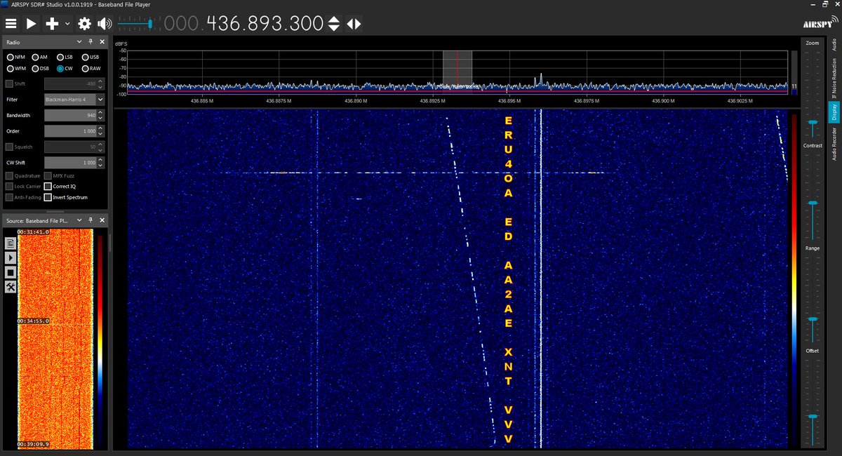2025-01-29 00:34 UTC – Reception of the CW beacon from the 🇪🇸 1.5P PocketQube 🛰️ URESAT-1 (aka HADES-B or SO-120) on 436.888 MHz. Replay of recorded IQ with <a href="/airspy_com/">Airspy R2/Mini</a> Mini and turnstile antenna with LNA+SAW in 🇬🇷.
VVV TNX EA2AA DE AO4URE  <a href="/AmsatSpain/">AmSat-EA</a>