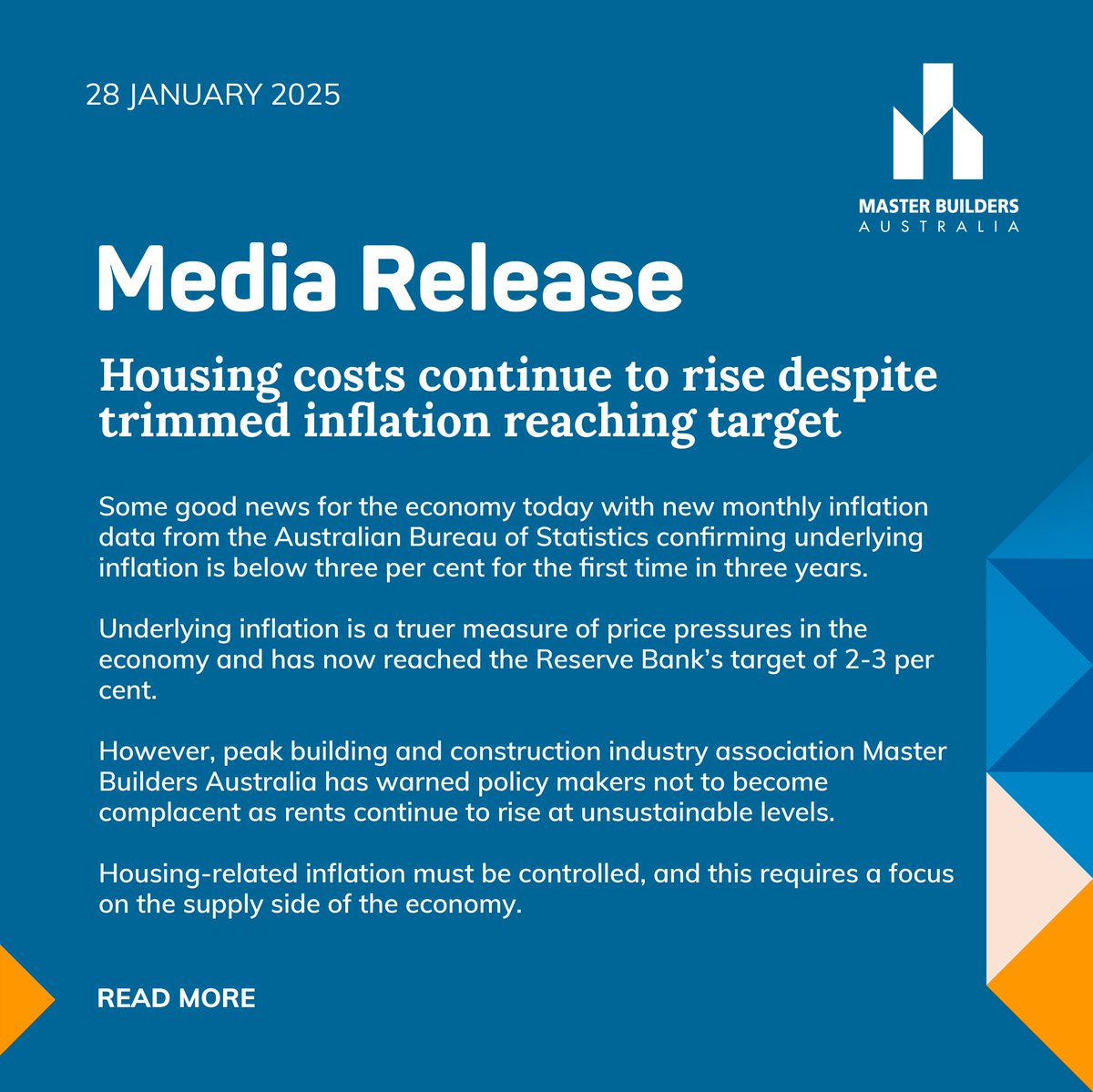 Good news but the government is not off the hook just yet. 

Housing-related #inflation must be controlled, and this requires a focus on the supply side of the economy.

Full release: masterbuilders.com.au/housing-costs-… #auspol