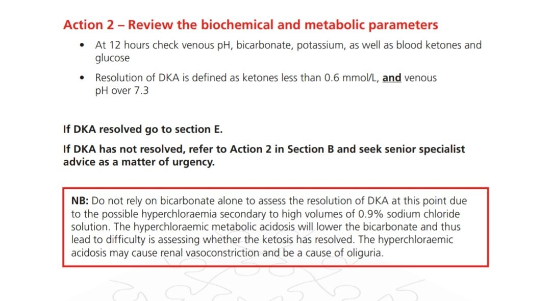 Rampradeep470's tweet photo. 👉🏼 This is intresting and confusing too,   

🔸They don't recommend assessing anion gap for resolution of DKA anymore ( still remembering telling interns and 100 more people it's wrong to just see the ph for resolution of DKA 😅 )

🔸The arbitrary decision to not tell the choice of fluids despite the fact that 0.9% nacl being associated with hyperchloremic acidosis is confusing 

🗒️🗒️🗒️ The resolution of Diabetic Ketoacidosis (DKA) and Hyperosmolar Hyperglycemic State (HHS) as per latest 2024 guidelines 

Resolution of DKA is defined as:

🔸Plasma ketone concentration <0.6 mmol/L

🔸Venous pH ≥7.3 or bicarbonate ≥18 mmol/L

🔸Ideally, blood glucose concentration should also be <200 mg/dL (11.1 mmol/L)

👉🏼Points to Note:

The anion gap should not be used as a criterion because it might be misleading due to hyperchloremic metabolic acidosis caused by large volumes of 0.9% sodium chloride solution.

Because β-hydroxybutyrate is converted into acetoacetate as the acidosis improves, urinary ketone measurement should be avoided as a criterion of DKA resolution
@drmohansai
@yajadev

@karthik2k2 your thoughts sir ? 
Does measuring ph and bicarb alone is reliable ?
Because we see a lot of CKD, COPD patients and other comorbidities which have over lap with ph alteration. 

#medtwitter
