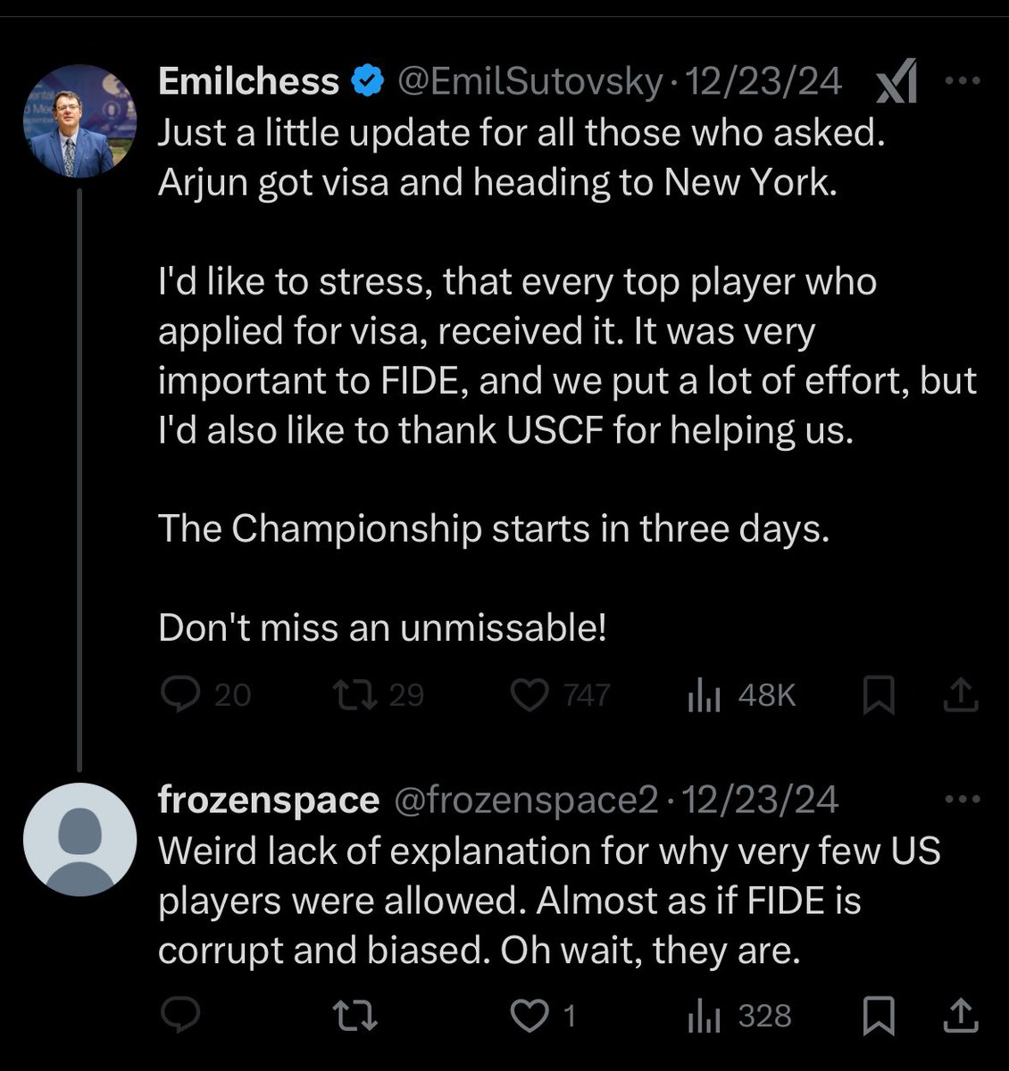 frozenspace2's tweet photo. I don’t post very often, but this one is funny. @EmilSutovsky blocked me for calling out himself and @FIDE_chess on something that is obvious to all. How petty, unprofessional, and disgraceful! https://t.co/IMJJzH44An