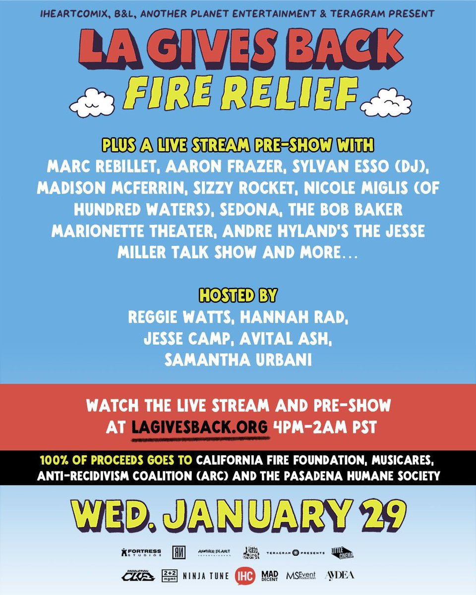 TeragramLA's tweet photo. 📣 LA, it’s time to come together for our city!
Tomorrow night, we’re hosting LA Gives Back: Fire Relief at The Bellwether ❤️‍🩹Proceeds from this incredible event will support:
@cafirefound 🔥
@antirecidivismcoalition 🙏
@pasadenahumane 🐾
@musicares 🎶🎟️ Tickets on sale now! https://t.co/a3256AQkWJ