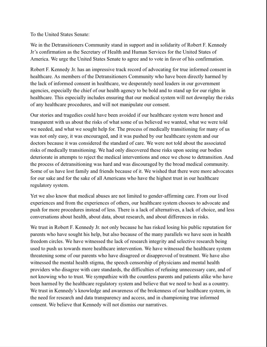 ChloeCole's tweet photo. @elonmusk @RobertKennedyJr Over 100 Detransitioners support @RobertKennedyJr, we wrote a letter urging Senators to confirm him. 

He is essential to taking down the gender industry in a way nobody else will. https://t.co/SDaDrBdkMm