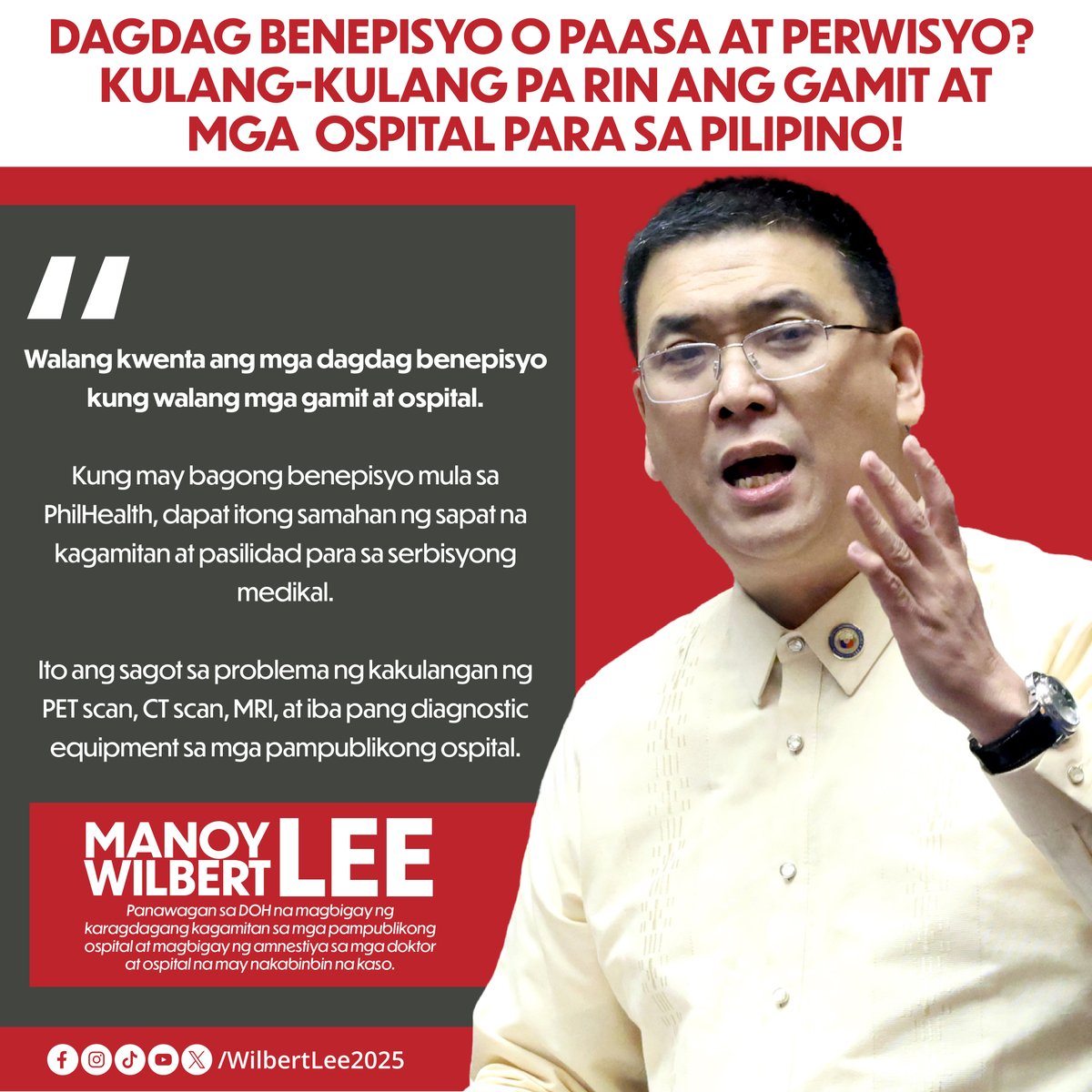 Ang mga benepisyo ng PhilHealth ay nasasayang kung walang sapat na kagamitan at pasilidad.

Ang layunin ko: Gamot Mo, Sagot Ko! Laban natin itong lahat!

#ManoyWilbertLee
#GamotMoSagotKo