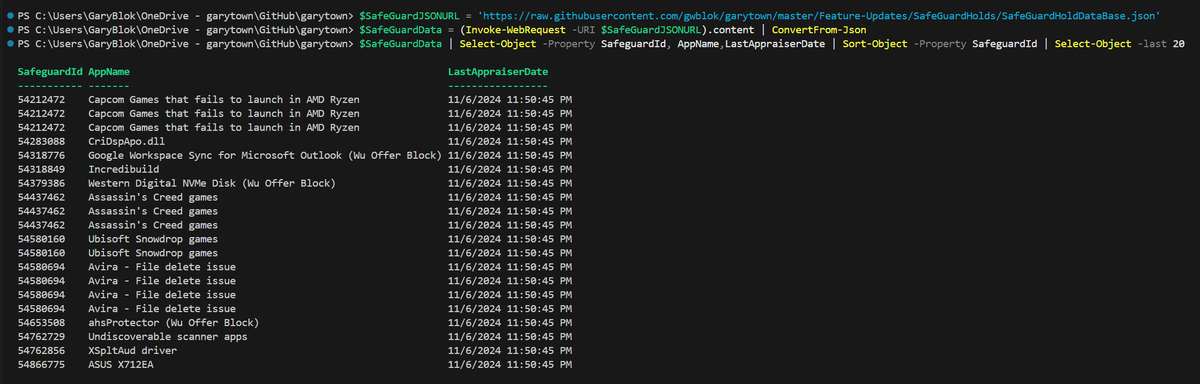 gwblok's tweet photo. #Windows Safeguard Hold Database Update

New method for data gathering

If you see duplicate IDs, it's because it can be caused by different items, so you'll want to dig into details if a specific ID pertains to your device
#Windows11 #PowerShell #MSIntune
https://t.co/9CDw3eLx2w https://t.co/0tL9Sajmui