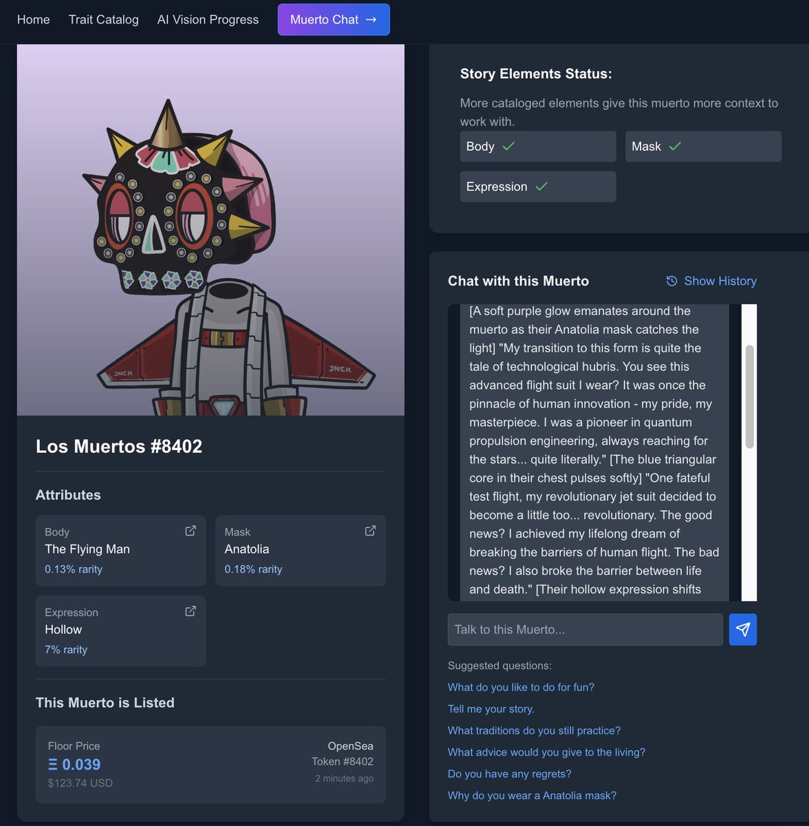 "The good news? I achieved my dream of breaking the barriers of human flight.
The bad news? I also broke the barrier between life and death."

- Byzantine-punk mask
- JNCK quantum flight suit with working core

<a href="/los_muertosNFT/">Los Muertos</a>

Chat with this muerto at: storyelement.ai/losmuertosworl…