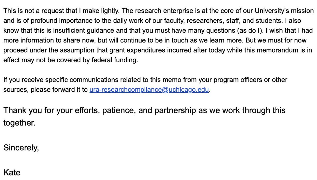 Peter Ganong (@p_ganong) on Twitter photo . <a href="/UChicago/">The University of Chicago</a> pauses federally-funded research. :-(
"do not make any additional spending commitments, purchase new supplies or equipment, start new experiments, embark on funded travel" . <a href="/UChicago/">The University of Chicago</a> pauses federally-funded research. :-(
"do not make any additional spending commitments, purchase new supplies or equipment, start new experiments, embark on funded travel"