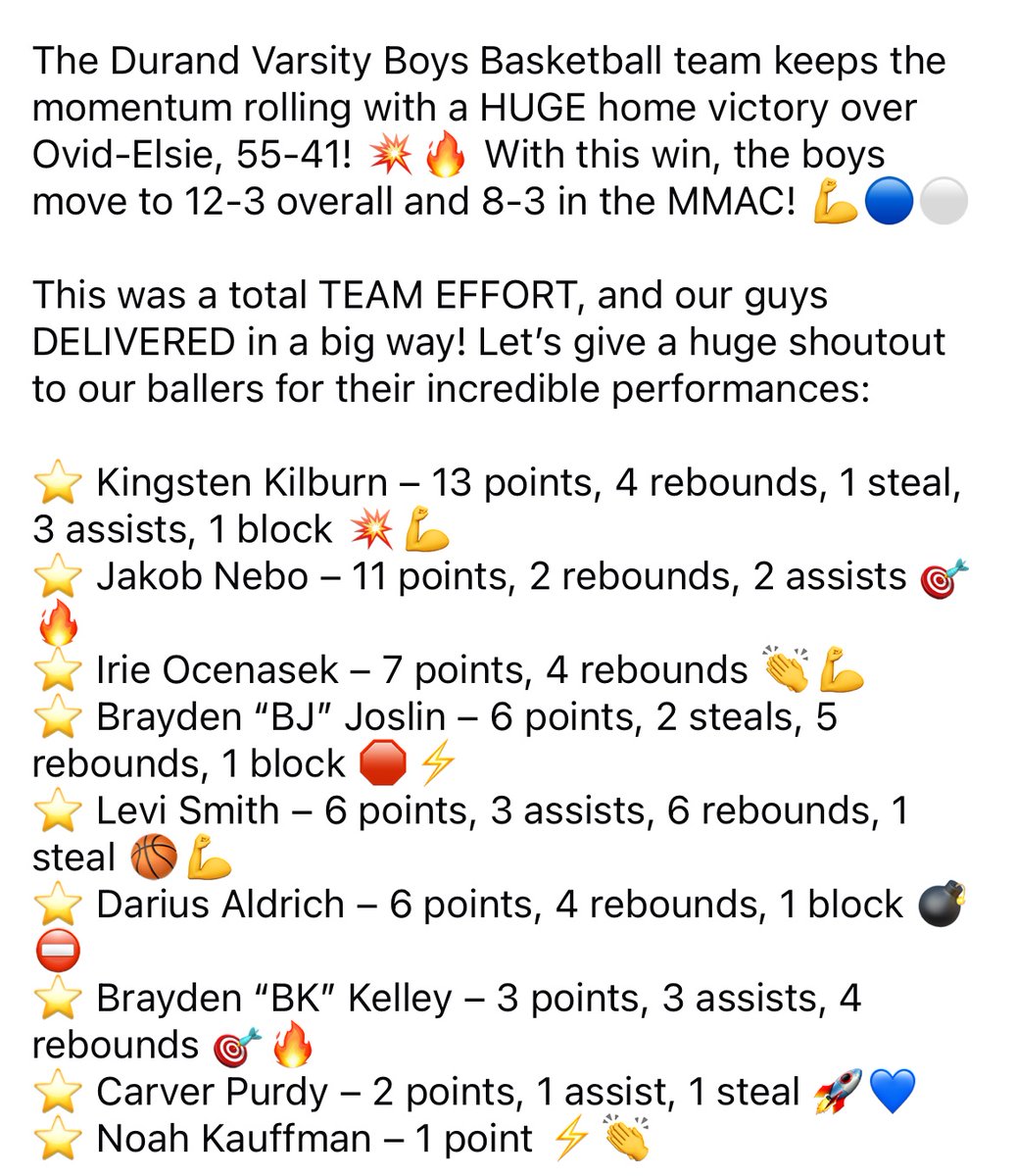 Durand Basketball (@dhsrrbb) on Twitter photo Durand 55
Ovid-Elsie 41
Durand is now 12-3 and avenges a loss to OE from earlier this season.
<a href="/YousefNasserTV/">Yousef Nasser</a>
<a href="/AlexEismanTV/">Alex Eisman</a>
<a href="/MarkPearsonTV/">Mark Pearson</a>
<a href="/TheDZoneBBall/">The D Zone Basketball</a>
<a href="/mbinghamreports/">Miriam Bingham</a>
<a href="/mbinghamreports/">Miriam Bingham</a>
<a href="/FlintPrepFan/">Flint Prep Fan</a> Durand 55
Ovid-Elsie 41
Durand is now 12-3 and avenges a loss to OE from earlier this season.
<a href="/YousefNasserTV/">Yousef Nasser</a>
<a href="/AlexEismanTV/">Alex Eisman</a>
<a href="/MarkPearsonTV/">Mark Pearson</a>
<a href="/TheDZoneBBall/">The D Zone Basketball</a>
<a href="/mbinghamreports/">Miriam Bingham</a>
<a href="/mbinghamreports/">Miriam Bingham</a>
<a href="/FlintPrepFan/">Flint Prep Fan</a>