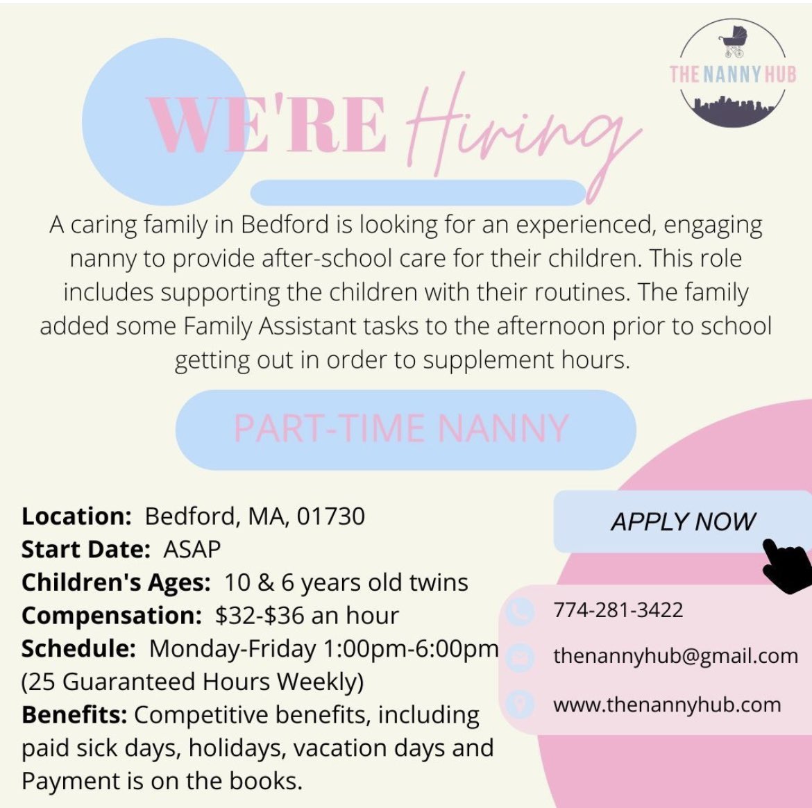 hub_nanny's tweet photo. 📢 We're Hiring! Immediate Part-Time Nanny Positions Available! 📢

Are you looking for a rewarding part-time nanny position? We have families hiring now and would love to connect you with the perfect match!

#nanny #thenannyhub #jobleads https://t.co/rM0JIvKO67