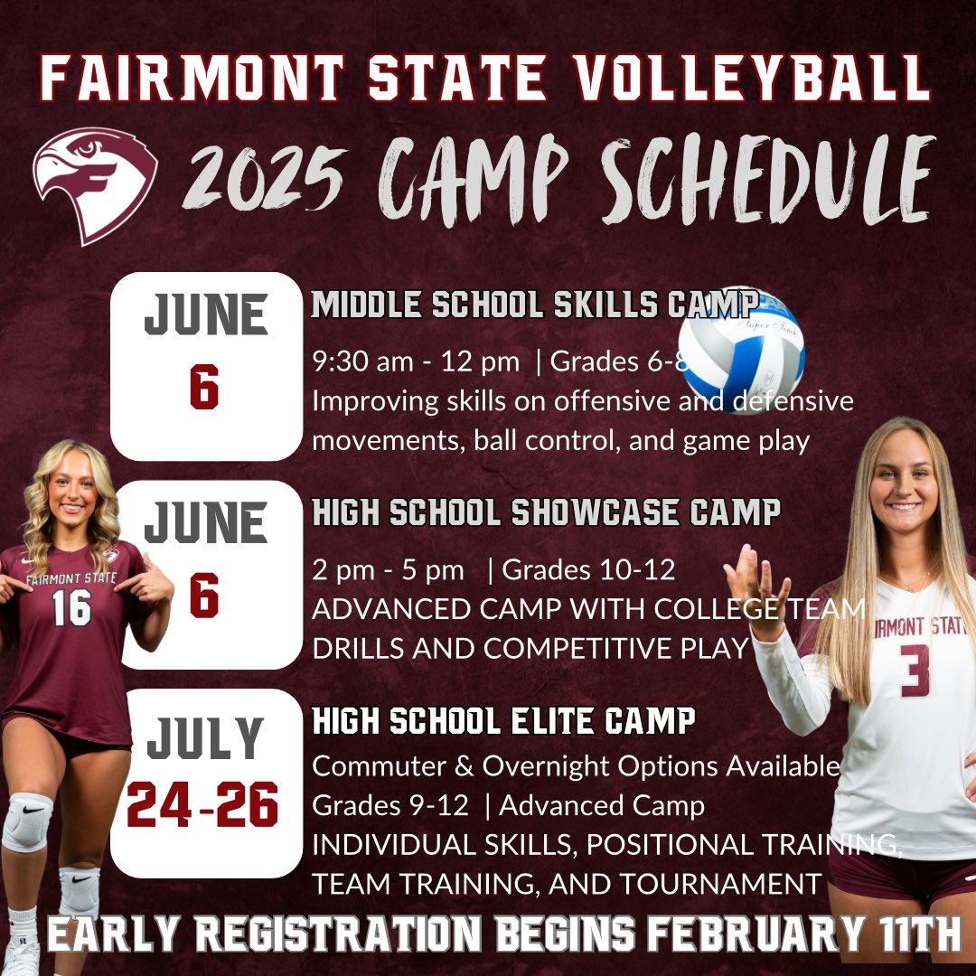 Save the Dates!  The Fairmont State Volleyball Camp Schedule is announced!

Sign ups begin February 11th!