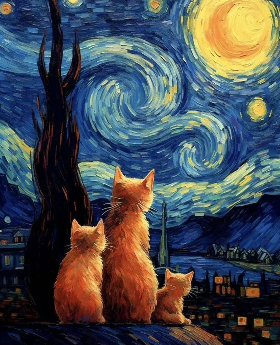 La noche estrellada con gatos