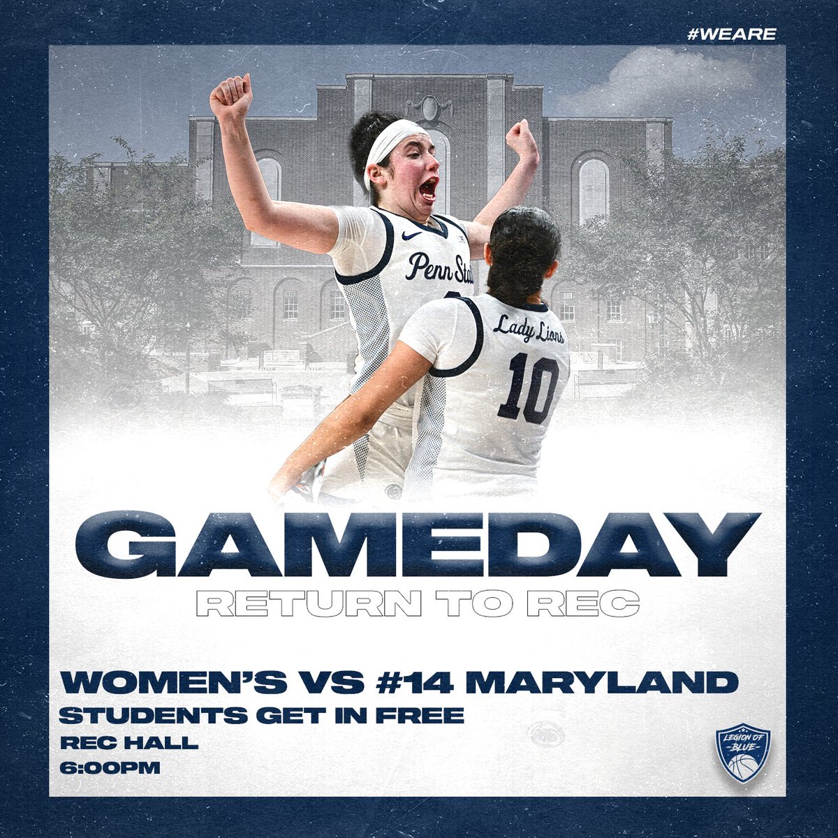 LegionofBluePSU's tweet photo. ⚪️RETURN TO REC⚪️

@PennStateWBB plays at 6 pm tonight in Rec Hall!! Students get in FREE with their student ID ‼️

There will be free t-shirts AND pizza while supplies last🍕 BE LOUD &amp; WEAR WHITE 📢📢

#WeAre #LegionofBlue #ReturnToRec https://t.co/vd0mPJzoTm