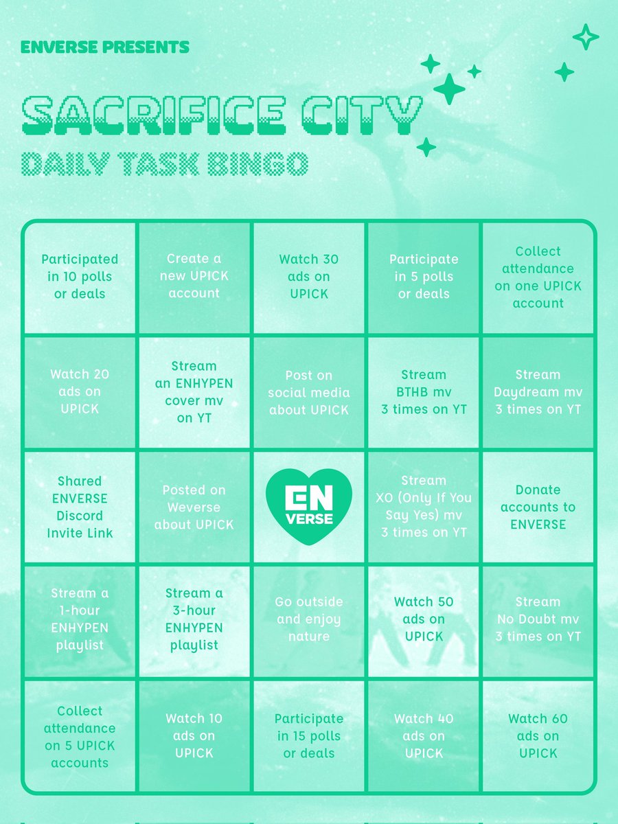 SacrificeCity's tweet photo. 🔥🔥 IT'S SCAVENGING TIME! 🔥🔥
 It's that time again to soar! Let's find all that we can for our seven treasures!  

💨 January 29, 2025 💨 

Complete 4 bingo tasks daily and drop your checklist in the comments with #ENonUpick #ENVERSEBattle #SacrificeCity https://t.co/EQIkQfMIUP