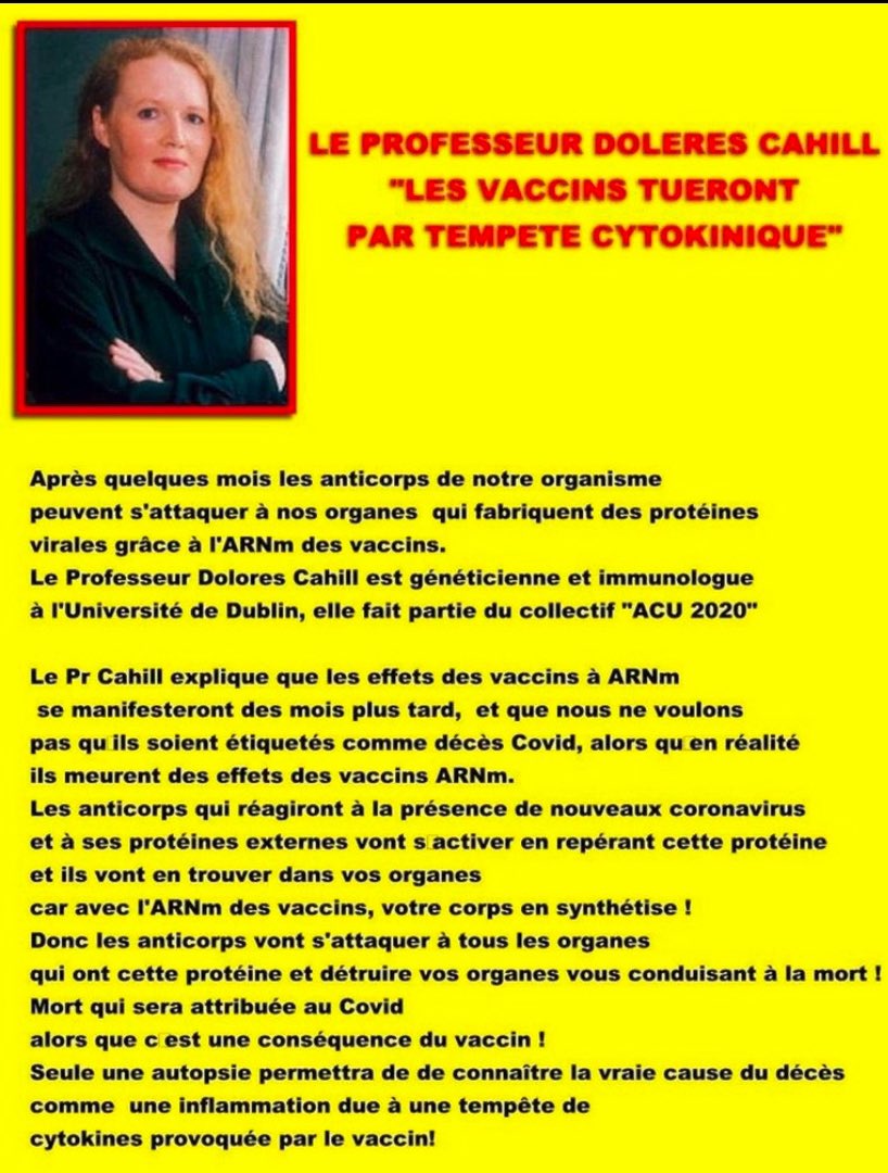 Resistance_SM's tweet photo. Les scientifiques du monde entier prônent l’arrêt immédiat des vaccinations anti-Covid à ARNm toxique

À Bruxelles Ursula von der Leyen signe avec Moderna pour des milliers d’euros de commande pour des milliers de doses,  il y a une volonté démoniaque de tuer les gens, cette non élue doit être arrêtée.

ARCHIVE AU DÉBUT DE LA PANDÉMIE CODID CENSURÉ 

LE PROFESSEUR DOLERES CAHILL
AVAIT RAISON 

LES VACCINS TUERONT
PAR TEMPETE CYTOKINIQUE

Après quelques mois les anticorps de notre organisme peuvent s'attaquer à nos organes qui fabriquent des protéines virales grâce à l'ARNm des vaccins.

Le Professeur Dolores Cahill est généticienne et immunologue à l'Université de Dublin, elle fait partie du collectif "ACU 2020"

Le Pr Cahill explique que les effets des vaccins à ARNm se manifesteront des mois plus tard, et que nous ne voulons pas qu'ils soient étiquetés comme décès Covid, alors qu en réalité les victimes meurent des effets secondaires des vaccins ARNm.

Les anticorps qui réagiront à la présence de nouveaux coronavirus et à ses protéines externes vont s’activer en repérant cette protéine et ils vont en trouver dans vos organes car avec l'ARNm des vaccins, votre corps en synthétise !

Donc les anticorps vont s'attaquer à tous les organes qui ont cette protéine et détruire vos organes vous conduisant à la mort !
Mort qui sera attribuée au Covid alors que c est une conséquence du vaccin !

Seule une autopsie permettra de connaître la vraie cause du décès comme une inflammation due à une tempête de cytokines provoquée par le vaccin.