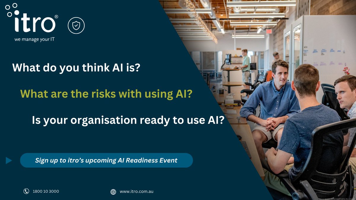 Click link to sign up for itro's AI Readiness Event to keep informed of the upcoming event details! - itroaireadiness.itro.com.au/itro-event

We'll help you understand if your business is ready and able to use #AI without putting your data or people at risk.

Event date and agenda released soon