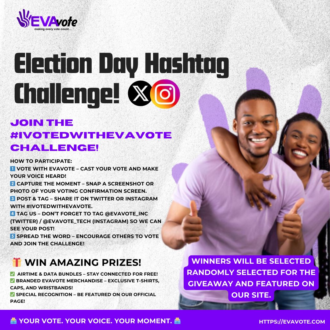evavote_inc's tweet photo. 🚨 #IVotedWithEvaVote Challenge is LIVE! 🚨

🗳️ Vote with EvaVote, share your election day experience, and win BIG!

🎁 Prizes:
Exclusive merch
10GB data bundles
Airtime

Post with #IVotedWithEvaVote &amp; tag @EvaVote to enter!

🌟 Let’s make history together! 🌟
#ElectionDay https://t.co/qGVRsKO2Xs