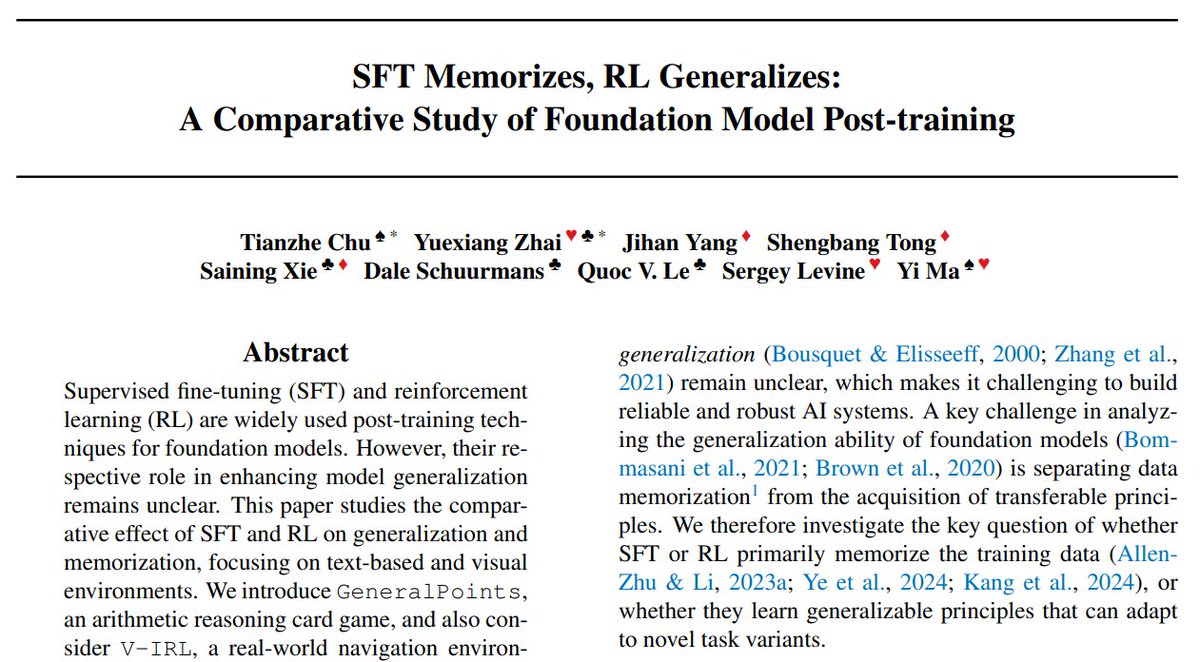 SFT Memorizes, RL Generalizes: A Comparative Study of Foundation Model Post-training

Shows that:
- RL generalizes in rule-based envs, esp. when trained with an outcome-based reward
- SFT tends to memorize the training data and struggles to generalize OOD