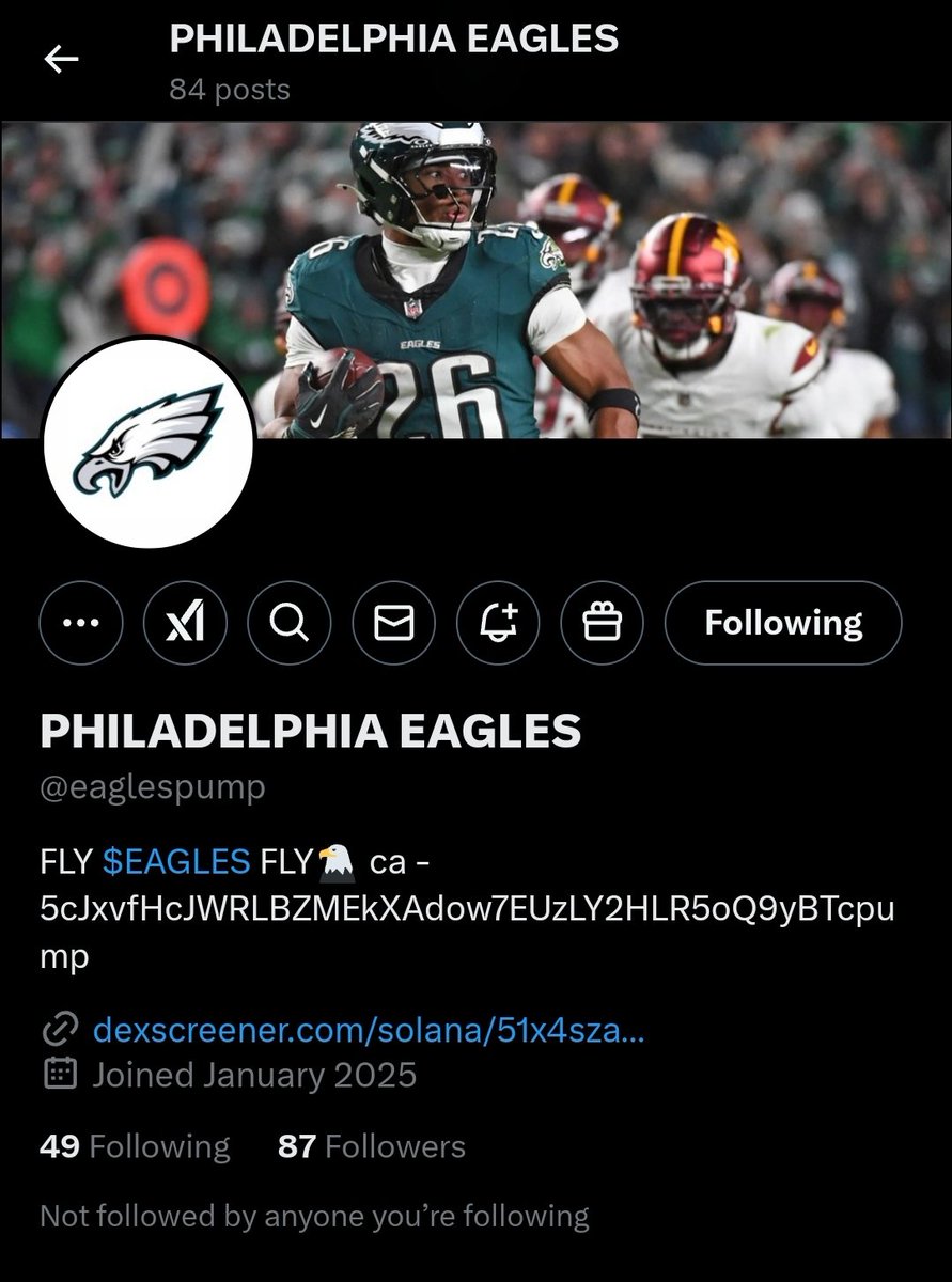 Check out PHILADELPHIA EAGLES on X.
FLY $EAGLES FLY🦅 ca - 5cJxvfHcJWRLBZMEkXAdow7EUzLY2HLR5oQ9yBTcpump x.com/eaglespump

<a href="/Eagles/">Philadelphia Eagles</a>