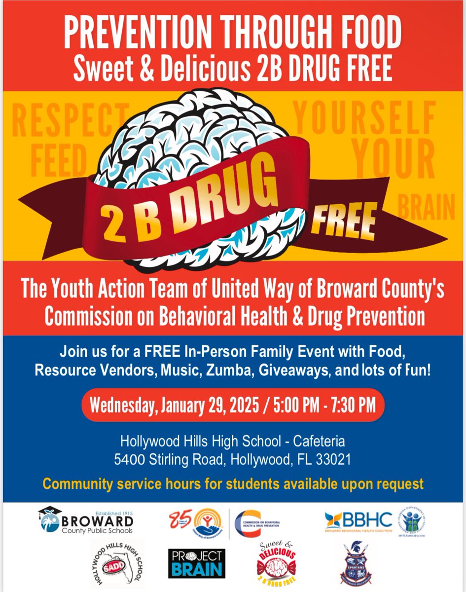 Project Brain (@probrainbroward) on Twitter photo Join us tomorrow @ Hollywood Hills HS for our Annual Prevention Series - Prevention Through Food - Sweet & Delicious 2B Drug Free. Come and enjoy healthy food for the brain <a href="/browardschools/">Broward Schools</a> <a href="/UWBC_Commission/">Commission on Behavioral Health & Drug Prevention</a> <a href="/HHHS1661/">Hollywood Hills High</a> <a href="/sapierce78/">Sara Pierce</a> #leadingthechange Join us tomorrow @ Hollywood Hills HS for our Annual Prevention Series - Prevention Through Food - Sweet & Delicious 2B Drug Free. Come and enjoy healthy food for the brain <a href="/browardschools/">Broward Schools</a> <a href="/UWBC_Commission/">Commission on Behavioral Health & Drug Prevention</a> <a href="/HHHS1661/">Hollywood Hills High</a> <a href="/sapierce78/">Sara Pierce</a> #leadingthechange