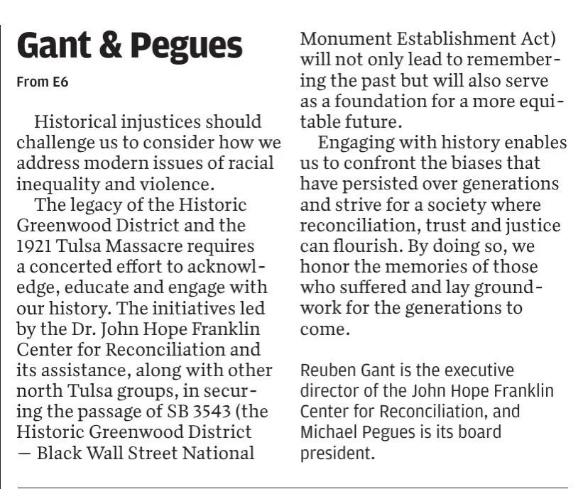 The DOJ released its report on the 1921 Tulsa Race Massacre (justice.gov/crt/media/1383…) on 1/9/25. Now is the time to pass S 3543 (congress.gov/.../118th.../s…) the Historic Greenwood District—Black Wall Street National Monument. This @TulsaWorld Op Ed ran on 1/26/25 by <a href="/JHF_Center/">John Hope Franklin Center for Reconciliation</a>.