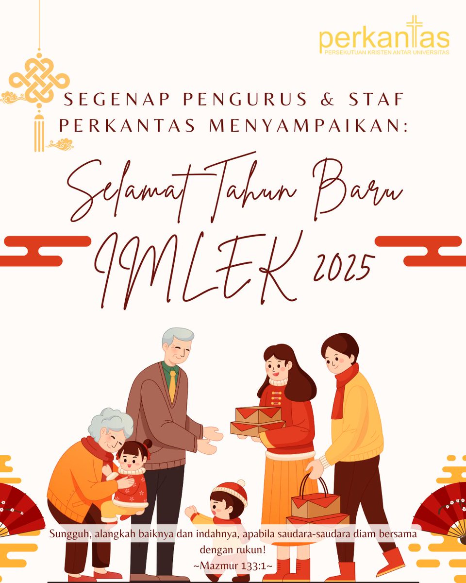 Segenap pengurus &amp; staf Perkantas menyampaikan:

Selamat Tahun Baru Imlek 2025

"Sungguh, alangkah baiknya dan indahnya, apabila saudara-saudara diam bersama dengan rukun!"
(Mazmur 133:1)

#perkantas
#imlek2025