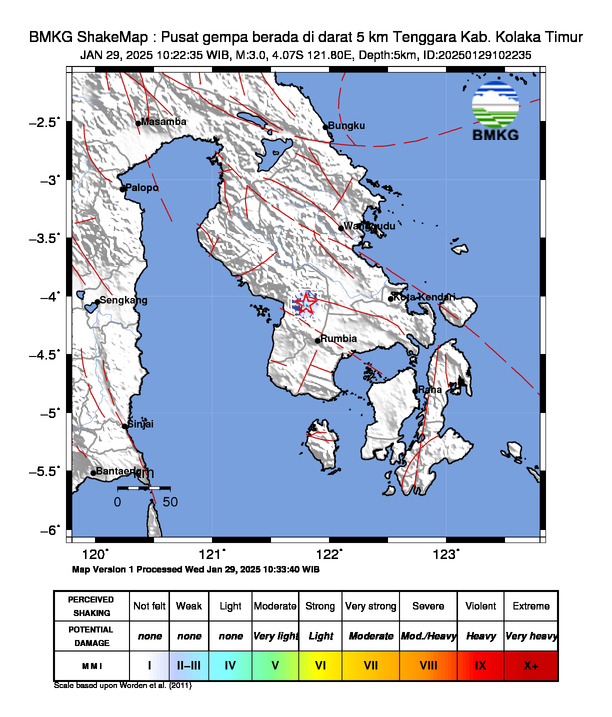 infoBMKG's tweet image. #Gempa (UPDATE) Mag:3.0, 29-Jan-25 10:22:35 WIB, Lok:4.07 LS, 121.80 BT (Pusat gempa berada di darat 5 km Tenggara Kab. Kolaka Timur), Kedlmn:5 Km Dirasakan (MMI) II - III Kolaka Timur #BMKG