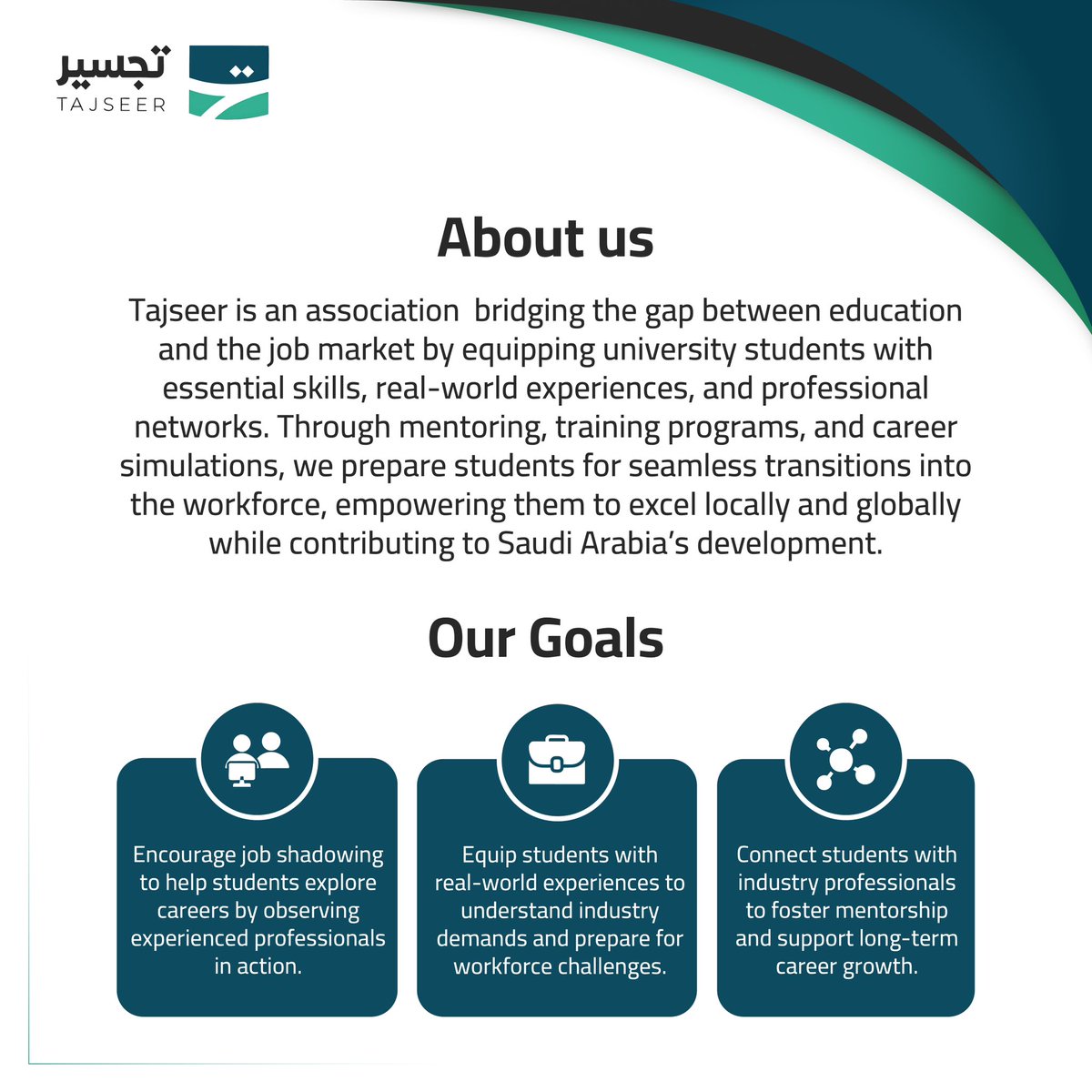 In Tajseer, we aim to bridge the gap between education and the job market to empower a Competitive Generation 🇸🇦

#جيل_ينافس #تجسير #Tajseer