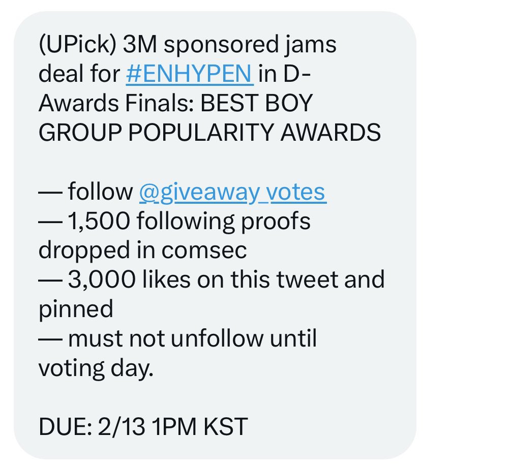 UPICK 3M Sponsored Jams Deal for #ENHYPEN in D Awards Finals

BEST BOY GROUP POPULARITY AWARD

- Follow <a href="/giveaway_votes/">GAFV Shop 🏪</a>
- 1,500 following proofs below
- 3,000 likes on this tweet and pinned
- must not unfollow until voting day 

Until Feb 13, 1PM KST x.com/messages/media…