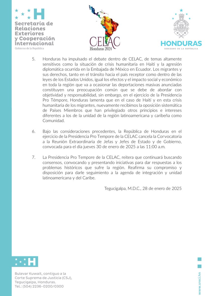 Cancelo la reunión del 30 de enero de 2025, debido a la falta de consenso. Adjunto el comunicado oficial en mi calidad de Presidenta pro tempore de la CELAC.